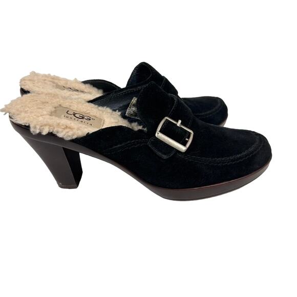 UGG Black Suede Shearling Slip On Heeled Mules - Picture 6 of 9